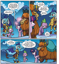 Size: 1357x1475 | Tagged: safe, idw, official comic, princess ember, spike, twilight sparkle, alicorn, dragon, pony, yak, g4, wings over yakyakistan, spoiler:comic, spoiler:comic56, magic, scroll, telekinesis, twilight sparkle (alicorn)