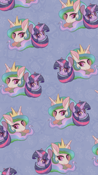 Size: 1080x1920 | Tagged: safe, artist:phyllismi, princess celestia, twilight sparkle, g4, female, lesbian, ship:twilestia, shipping, tiled background, wallpaper