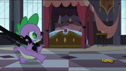Size: 1280x720 | Tagged: safe, artist:superedit, edit, edited screencap, screencap, berry punch, berryshine, cherry berry, coco crusoe, comet tail, lucky clover, orion, pokey pierce, quiet gestures, royal riff, shooting star (character), sleeping willow, spike, twilight sparkle, alicorn, dragon, pony, g4, princess spike, aiming, animated, assassination, awp, baby carriage, bed, canterlot, coffee, crosshair, dark comedy, death, guard, gun, implied death, marching, mime, murder, rifle, scope, shooting, sleeping, smiling, sniper, sniper rifle, sound, spike the sniper, stroller, the great and powerful superedit, this will end in jail time, twilight sparkle (alicorn), weapon, webm