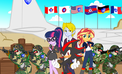 Size: 3769x2278 | Tagged: safe, artist:dashiemlpfim, artist:trungtranhaitrung, sci-twi, sunset shimmer, twilight sparkle, oc, oc:delta brony, equestria girls, g4, army, c130, canada, crate, crossover, desert, fence, flag, flag pole, france, g.u.n, g36c, german, guardian units of nations, high res, howa type 64, japan, m4 carbine, male, mongol, shadow the hedgehog, sonic the hedgehog, sonic the hedgehog (series), symbol, united states