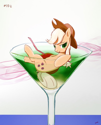 Size: 1800x2227 | Tagged: safe, artist:yvt-jp, applejack, earth pony, pony, g4, appletini, cherry, cocktail glass, colored pupils, cup, cup of pony, drink, female, food, glass, looking at you, mare, micro, solo, tiny ponies