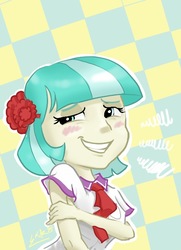 Size: 467x644 | Tagged: safe, artist:soshyqqq, coco pommel, equestria girls, g4, abstract background, blushing, equestria girls-ified, female, grin, nervous, nervous smile, smiling, solo