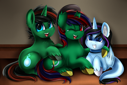 Size: 2717x1824 | Tagged: safe, artist:pridark, oc, oc only, alicorn, pegasus, pony, unicorn, alicorn oc, broken horn, bust, commission, female, horn, looking at you, male, mare, one eye closed, portrait, prone, red eyes, smiling, stallion, trio, wink