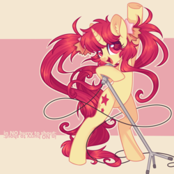 Size: 3300x3300 | Tagged: safe, artist:hawthornss, oc, oc only, oc:seren song, pony, unicorn, bow, cute, freckles, hair bow, hair ribbon, high res, looking at you, microphone, open mouth, simple background, singing, smiling