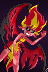 Size: 1024x1536 | Tagged: dead source, safe, artist:wubcakeva, sunset shimmer, equestria girls, g4, clothes, dress, evil, evil smile, female, grin, looking at you, simple background, smiling, solo, sunset satan, transformation