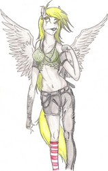 Size: 1272x2011 | Tagged: safe, artist:thegloriesbigj, derpy hooves, anthro, belly button, clothes, ear piercing, earring, female, jewelry, metal, midriff, necklace, piercing, ripped jeans, simple background, socks, solo, spread wings, striped socks, tanktop, white background, wings