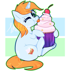 Size: 974x1000 | Tagged: safe, artist:sugguk, oc, oc only, oc:sunny, pony, unicorn, chubby, cupcake, cute, female, food, licking, looking at you, mare, ocbetes, one eye closed, smiling, solo, tongue out, wink