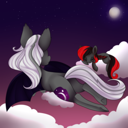 Size: 5000x5000 | Tagged: safe, artist:beashay, oc, oc only, oc:amethyst sky, unnamed oc, bat pony, pony, absurd resolution, cloud, female, mare, night, sleeping