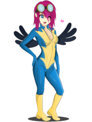 Size: 2625x3500 | Tagged: safe, artist:noah-x3, oc, oc only, oc:neon flare, human, boots, breasts, cleavage, clothes, female, goggles, high res, humanized, humanized oc, one eye closed, shoes, simple background, solo, transparent background, uniform, winged humanization, wings, wink, wonderbolts uniform