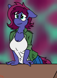 Size: 420x573 | Tagged: safe, artist:sythenmcswig, oc, oc only, oc:blazing heart, earth pony, anthro, breasts, cleavage, clothes, female, mare, solo