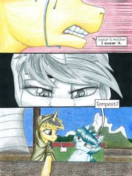 Size: 1024x1365 | Tagged: safe, artist:tillie-tmb, oc, oc only, oc:meadow lark, oc:tempest, earth pony, pony, unicorn, comic:the amulet of shades, cloak, clothes, comic, female, flashback, mare, ship