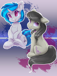 Size: 3600x4800 | Tagged: safe, artist:ardail, dj pon-3, octavia melody, vinyl scratch, earth pony, pony, unicorn, g4, absurd resolution, cute, duo, ear fluff, female, floppy ears, hnnng, looking at you, looking back, looking back at you, mare, sitting, smiling, tavibetes, vinylbetes