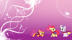 Size: 1920x1080 | Tagged: safe, artist:solusjbj, artist:unfiltered-n, edit, apple bloom, scootaloo, sweetie belle, earth pony, pony, g4, abstract background, cape, clothes, cmc cape, cutie mark crusaders, wallpaper, wallpaper edit