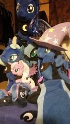 Size: 1152x2048 | Tagged: safe, nightmare moon, princess luna, pony, g4, clothes, collection, female, filly, hat, irl, merchandise, photo, plushie, trixie's hat, woona, younger