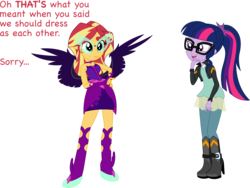 Size: 6734x5072 | Tagged: safe, artist:sonofaskywalker, sci-twi, sunset shimmer, twilight sparkle, equestria girls, g4, absurd resolution, amused, bare shoulders, clothes, clothes swap, cosplay, costume, dialogue, duo, embarrassed, midnight sparkle, miscommunication, simple background, sleeveless, strapless, transparent background
