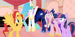 Size: 1024x510 | Tagged: safe, artist:dashiestudios, princess cadance, princess celestia, princess luna, sunset shimmer, twilight sparkle, alicorn, pony, g4, 3d, alicorn tetrarchy, alicornified, race swap, shimmercorn, twilight sparkle (alicorn)