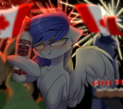 Size: 1024x909 | Tagged: safe, artist:starlyfly, oc, oc only, oc:gabriel, pegasus, pony, alcohol, blushing, canada, canada day, chest fluff, female, fireworks, flag, mare, smirnoff, solo, vodka