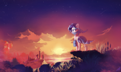 Size: 3000x1800 | Tagged: safe, artist:freeedon, oc, oc only, oc:opuscule antiquity, earth pony, pony, unicorn, bandana, commission, female, mare, plant, ruins, saddle bag, scenery, scenery porn, solo, stars, sunrise, wallpaper, water