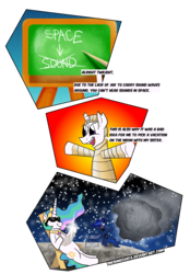 Size: 928x1333 | Tagged: safe, artist:sneshpone, princess celestia, princess luna, alicorn, pony, g4, asteroid, bandage, broken horn, comic, funny, horn, moon, moonbathing, simple background, space, sunglasses, transparent background