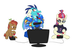 Size: 1224x800 | Tagged: safe, artist:carnifex, button mash, moondancer, princess ember, dragon, earth pony, pony, unicorn, g4, clothes, colt, commission, controller, dragoness, female, foal, gamer, joystick, male, mare, open mouth, overwatch, pharah, simple background, sitting, smiling, sweater, time action glory challenge, trio, video game, white background