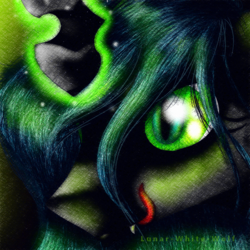 Size: 1000x1000 | Tagged: safe, artist:lunar-white-wolf, queen chrysalis, changeling, changeling queen, g4, close-up, fangs, female, glowing horn, green eyes, horn, licking, licking lips, solo, tongue out, traditional art