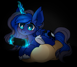 Size: 1288x1119 | Tagged: safe, artist:miioko, princess luna, alicorn, pony, gamer luna, g4, cute, female, glowing horn, hnnng, horn, lunabetes, magic, mare, pillow, solo, underhoof, video game
