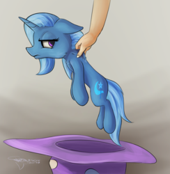 Size: 2355x2415 | Tagged: safe, artist:ferasor, trixie, human, pony, g4, clothes, female, hat, high res, mare, offscreen character, scruff, simple background, trixie's hat, unamused