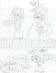 Size: 1590x2044 | Tagged: safe, artist:haleyc4629, applejack, rainbow dash, equestria girls, g4, abuse, aggressive/defensive stance, angry, anti-shipping, applejerk, big no, dashabuse, female, i ain't your lovebird!!!, lined paper, parody, punch, red hot riding hood, reference, rejection, shipping denied, short comic, shout, sketch, traditional art