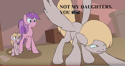 Size: 1243x658 | Tagged: safe, artist:kanashiipanda, edit, edited screencap, amethyst star, derpy hooves, dinky hooves, sparkler, pegasus, pony, unicorn, guardian (web video), g4, angry, background pony, beware the nice ones, buy some apples, censored, censored dialogue, censored vulgarity, cropped, epic derpy, equestria's best mother, female, filly, harry potter (series), harry potter and the deathly hallows, imminent beatdown, mama bear, mare, novelty censor, text, this will end in cheers, underp