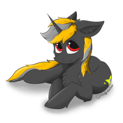 Size: 5905x5905 | Tagged: safe, artist:muffinkarton, oc, oc only, oc:optic t-bone, pony, unicorn, absurd resolution, adorable face, chest fluff, cute, cutie mark, ear fluff, looking at you, lying, mane, prone, red eyes, signature, simple background, smiling, solo, transparent background