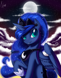 Size: 1800x2291 | Tagged: safe, artist:valcron, princess luna, alicorn, pony, g4, cloud, cloudy, cute, ethereal mane, female, looking at you, mare, moon, night, raised hoof, solo, starry mane, starry night, stars