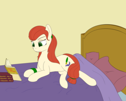 Size: 2500x2000 | Tagged: safe, artist:chamberofsnejwitz, oc, oc only, oc:penny inkwell, earth pony, pony, bed, book, high res, lying down, reading