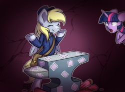Size: 600x443 | Tagged: dead source, safe, artist:arcadianphoenix, derpy hooves, twilight sparkle, pony, g4, anvil, clothes, commission, duo, eyes closed, hat, mail, mailbag, mailmare, smiling, stamp