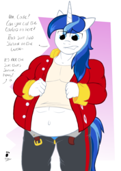Size: 1754x2480 | Tagged: safe, artist:duragan, princess cadance, shining armor, anthro, g4, awkward, belly, belly button, bhm, big boys, bloated, clothes, cross-popping veins, denial, dialogue, embarrassed, fat, implied weight gain, male, musclegut, shining blubber, solo, stuffed, uniform, wardrobe malfunction, wedding suit, weight gain