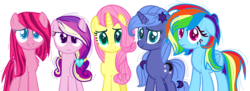 Size: 1306x474 | Tagged: safe, artist:ecoster1268, fluttershy, pinkie pie, princess cadance, princess luna, rainbow dash, earth pony, pegasus, pony, unicorn, g4, alternate cutie mark, alternate universe, base used, earth pony cadance, pegasus pinkie pie, pinkamena diane pie, race swap, s1 luna, simple background, transparent background, unicorn fluttershy, unicorn luna