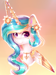 Size: 570x766 | Tagged: safe, artist:nutellaakanutella, princess celestia, alicorn, pony, g4, colored wings, colored wingtips, ear piercing, earring, female, gradient background, horn, horn jewelry, jewelry, mare, piercing, regalia, solo, starry eyes, wingding eyes