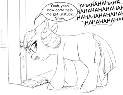 Size: 3300x2550 | Tagged: safe, artist:silfoe, twilight sparkle, pony, unicorn, g4, black and white, blank flank, book, dialogue, female, filly, filly twilight sparkle, floppy ears, grayscale, high res, horn, horn impalement, implied shining armor, laughing, monochrome, sketch, solo, speech bubble, stuck, twilight getting stuck, unicorn twilight, younger