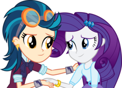 Size: 4148x3001 | Tagged: safe, artist:cloudy glow, indigo zap, rarity, equestria girls, g4, my little pony equestria girls: friendship games, bracelet, clothes, crystal prep academy uniform, duo, ear piercing, female, goggles, high res, jewelry, looking at each other, piercing, school uniform, simple background, smiling, transparent background, vector, wristband
