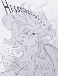 Size: 1200x1567 | Tagged: safe, artist:yakovlev-vad, princess luna, alicorn, pony, g4, fangs, female, hissing, looking at you, monochrome, open mouth, sketch, solo