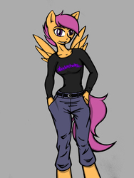 Size: 2448x3264 | Tagged: safe, artist:soulveiwinterfall, scootaloo, anthro, g4, bad anatomy, clothes, female, high res, older, simple background, solo