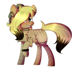 Size: 1877x1807 | Tagged: safe, artist:soundwavepie, oc, oc only, earth pony, pony, blushing, chest fluff, choker, female, fishnet stockings, grin, hair over one eye, heart eyes, looking at you, mare, raised hoof, shoulder fluff, simple background, smiling, solo, transparent background, wingding eyes