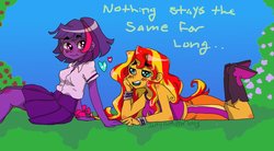 Size: 1024x566 | Tagged: safe, artist:jacky-the-ripper, sunset shimmer, twilight sparkle, equestria girls, friendship through the ages, g4, alternate clothes, alternate hairstyle, blushing, female, heart, lesbian, looking at each other, ship:sunsetsparkle, shipping