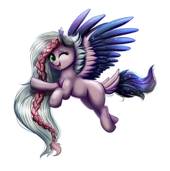 Size: 1564x1579 | Tagged: safe, artist:confetticakez, oc, oc only, original species, pegasus, pony, braid, female, flying, mare, simple background, smiling, solo, white background
