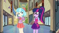 Size: 1280x720 | Tagged: safe, artist:aqua-pony, artist:edwardp31, artist:limedazzle, coco pommel, sci-twi, twilight sparkle, equestria girls, g4, canterlot high, clothes, equestria girls-ified, female, glasses, show accurate, skirt