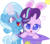 Size: 632x550 | Tagged: safe, artist:alexa1alexa, artist:queenzodiac, starlight glimmer, trixie, pony, unicorn, g4, :<, base used, bipedal, bunny ears, clothes, colored pupils, confused, cute, cutie mark, diatrixes, duo, female, filly, filly starlight glimmer, filly trixie, glimmerbetes, glowing horn, happy, hat, horn, magic, open mouth, question mark, raised eyebrow, simple background, smiling, starry eyes, time paradox, transparent background, trixie's hat, wingding eyes, younger