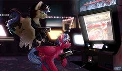 Size: 1497x875 | Tagged: safe, artist:8bitamy, oc, oc only, oc:melon frost, oc:playthrough, pegasus, pony, undead, zombie, zombie pony, 3d, arcade, arcade game, clothes, commission, controller, detailed, female, flying, glasses, gun, hoodie, house of the dead, lights, looking at something, male, mare, piercing, reloading, sega, shooting, stallion, weapon