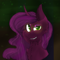 Size: 2560x2560 | Tagged: safe, artist:brokensilence, oc, oc only, oc:arcana tenebris, pony, unicorn, bust, commission, evil grin, eyeshadow, female, forest, glowing eyes, grin, high res, makeup, smiling, solo