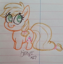 Size: 1815x1837 | Tagged: safe, artist:binkyt11, derpibooru exclusive, applejack, earth pony, pony, apple, chibi, ear fluff, female, lined paper, missing accessory, solo, traditional art, wingding eyes