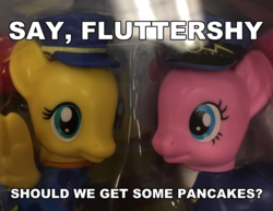 Size: 1536x1188 | Tagged: safe, fluttershy, pinkie pie, g4, cute, food, irl, meme, merchandise, pancakes, photo, text, toy