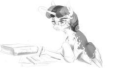Size: 2538x1399 | Tagged: safe, artist:silfoe, oc, oc only, oc:twilight dapple, alicorn, pony, other royal book, book, crossed hooves, female, glasses, glowing horn, grayscale, horn, levitation, lidded eyes, magic, magical lesbian spawn, mare, monochrome, offspring, older, parent:princess luna, parent:twilight sparkle, parents:twiluna, pen, simple background, sitting, smiling, solo, telekinesis, white background, wing fluff, writing